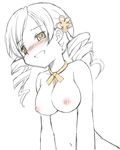  agenasu blush breasts drill_hair mahou_shoujo_madoka_magica medium_breasts nipples nose_blush nude open_mouth simple_background smile solo tomoe_mami twin_drills twintails white_background yellow_eyes 