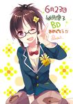  ;d akizuki_ritsuko bad_id bad_pixiv_id blazer blush brown_hair flower folded_ponytail glasses idolmaster idolmaster_(classic) jacket one_eye_closed open_mouth pun2 purple_eyes semi-rimless_eyewear short_hair smile solo translated under-rim_eyewear v 