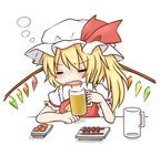  ascot beer_mug blonde_hair blush closed_eyes cup dress drunk fang flandre_scarlet food hachimi hat hat_ribbon holding holding_cup open_mouth plate red_dress ribbon shirt solo touhou wavy_mouth wings 
