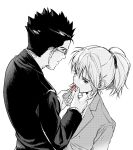  1boy androgynous applying_another's_makeup applying_lipstick applying_makeup black_hair commentary_request cosmetics highres holding holding_lipstick_tube hunter_x_hunter korean_commentary kurapika kurapika_(ponytail_disguise) leorio_paladiknight lipstick lipstick_tube long_sleeves m4_50x makeup pink_lips ponytail round_eyewear short_hair simple_background spiked_hair suit sunglasses upper_body white_background 