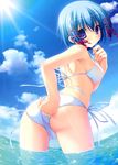  adjusting_clothes adjusting_swimsuit ass bikini blue_hair blush breasts cameltoe chikotam cloud day fisheye highres light_rays looking_at_viewer looking_back magicarat_radiant medium_breasts purple_eyes short_hair side-tie_bikini sky strap_gap sunbeam sunlight swimsuit wading water wet white_bikini yuunagi_suzuri 