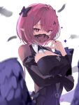  1girl arm_under_breasts black_feathers black_wings breasts chest_belt cleavage commentary_request feathers hand_up highres jewelry large_breasts long_sleeves looking_at_viewer mask medium_hair mouth_mask pink_eyes pink_hair pointy_ears ramiel_(zenless_zone_zero) red_nails ring see-through_clothes see-through_mask simple_background smile solo uixy upper_body white_background wings zenless_zone_zero 