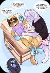  ageplay anthro blue_background blush bodily_fluids booties boxers_(clothing) brown_body brown_fur canid canine canis changing_table clothed clothing diaper diaper_bag diaper_change domestic_cat domestic_dog duo embarrassed english_text eyewear felid feline felis fructoruu fur genital_fluids glasses hi_res infantilism lying male male/male male_anthro mammal mitts on_back orange_body orange_fur pacifier pacifier_clip purple_body purple_fur roleplay shirt simple_background standing text topwear unclean_diaper underwear urine used_diaper wearing_diaper wearing_glasses wet_diaper wetness_indicator 