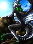  breasts claws delthero dragon female green_claws green_eyes green_hair hair horn long_tail looking_at_viewer rocks scalie sitting white_skin wings 