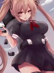  1girl absurdres black_serafuku black_shirt black_skirt breasts brown_eyes brown_hair commentary_request highres hirune_(konekonelkk) kantai_collection large_breasts long_hair murasame_(kancolle) pleated_skirt rigging sailor_collar sailor_shirt school_uniform serafuku shirt skirt solo thigh_strap twintails white_sailor_collar 