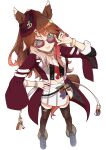  1girl absurdres animal_ears black_shirt black_thighhighs bracelet breasts brown_hair chain_necktie choker closed_mouth commentary_request ears_through_headwear fedora forever_young_(racing)_(umamusume) forever_young_(umamusume) full_body green_choker green_eyes hand_on_own_hip hat highres horse_ears horse_girl jacket jewelry kotatudogs long_hair looking_at_viewer midriff multicolored_hair multiple_rings necktie purple-tinted_eyewear red-tinted_eyewear red_jacket red_streaks ring shirt shoes simple_background skirt smile solo streaked_hair sunglasses thighhighs tinted_eyewear tongue tongue_out umamusume white_background white_necktie white_skirt white_streaks 