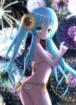  :o aerial_fireworks aqua_eyes aqua_hair ass bikini blush butt_crack fireworks flower frilled_bikini frills gurameru hair_flower hair_ornament hatsune_miku highres long_hair solo striped striped_bikini sunflower swimsuit twintails very_long_hair vocaloid 