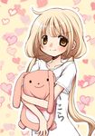  1girl aoki_ume_(style) blonde_hair blush brown_eyes child collarbone futaba_anzu heart highres hug idolmaster idolmaster_cinderella_girls long_hair otoneha outline shirt smile solo stuffed_animal stuffed_bunny stuffed_toy the_idolm@ster the_idolm@ster_cinderella_girls twintails very_long_hair 