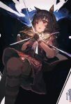  1girl animal_ears black_thighhighs blush brown_hair brown_jacket buena_vista_(heroina_inocente)_(umamusume) buena_vista_(umamusume) commentary_request drawer_bushi_huajia ear_covers fingerless_gloves gloves hair_between_eyes hairband headband highres horse_ears horse_girl horse_tail jacket open_mouth own_hands_together purple_eyes skirt solo tail thighhighs umamusume 