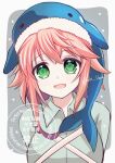  1girl absurdres blue_hat breasts commentary_request green_eyes green_shirt hat highres large_breasts long_hair looking_at_viewer okunoda_miyoi one-hour_drawing_challenge open_mouth pink_hair shirt smile solo touhou twitter_username watermark whale_hat yuuki_hana_(jtnp5334) 