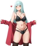  1girl absurdres black_bra black_pubic_hair bra breasts casperrin cleavage commentary english_commentary facepaint facial_mark girls'_frontline girls'_frontline_2:_exilium heart highres hk416_(girls'_frontline) klukai_(girls'_frontline_2) lace-trimmed_bra lace-trimmed_panties lace_trim long_hair looking_at_viewer navel open_clothes open_shirt panties pubic_hair red_shirt shirt smile solo tattoo teardrop teardrop_facial_mark teardrop_tattoo underwear underwear_only white_background 
