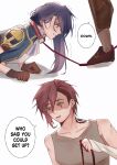  2girls ascot bare_shoulders black_hair blue_eyes blush brown_collar brown_gloves brown_shirt caitlyn_(league_of_legends) collar commentary english_text from_side gloves highres holding holding_leash league_of_legends leash long_hair meme multiple_girls narnar_ng neck_tattoo profile red_hair shirt shoes short_hair simple_background standing sweat tattoo teeth untranslatable_commentary vi_(league_of_legends) white_ascot white_background yuri 