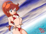  armor bikini bikini_armor blue_background brown_eyes brown_hair caron_(rall) choker copyright_name flat_chest long_hair lumpen pauldrons ponytail sf_choujigen_densetsu_rall shiny shiny_skin side-tie_bikini smile solo swimsuit 