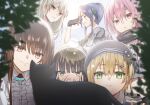  1other 6+girls black_cat black_gloves black_hair blue_hair braid brown_eyes brown_hair cat closed_mouth gloves green_eyes grey_hair hanamura_shiki hat headband heaven_burns_red highres kr_woyue kurosawa_maki looking_at_animal maruyama_kanata matsuoka_chiroru multiple_girls natsume_inori pink_eyes pink_hair red_eyes short_hair team_31f_(heaven_burns_red) upper_body yanagi_mion 