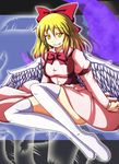  bad_id bad_pixiv_id blonde_hair bow bowtie demon gengetsu grin red_bow short_hair sitting smile solo thighhighs thighs touhou touhou_(pc-98) vest white_legwear wings yoshida_tatsumi 