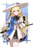  1girl absurdres black_gloves black_ribbon blonde_hair blue_gem blue_sash closed_mouth commentary_request cowboy_shot gem gloves hair_ornament hair_ribbon hand_up hat highres looking_at_viewer pantyhose phoebe_(wuthering_waves) purple_eyes ribbon sash shirt smile solo striped_ribbon sukoyaka_(sukoyaka_xii) sun_hat tacet_mark_(wuthering_waves) white_hat white_pantyhose white_shirt wuthering_waves x_hair_ornament 