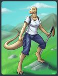  blue_shorts breasts brown_skin claws female hiking iggi lizard looking_at_viewer mountain reptile scalie slither solo white_shirt yellow_eyes 