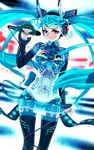  android aqua_hair collar detached_sleeves hatsune_miku highres kimura_3104 long_hair looking_at_viewer musical_note nail_polish necktie pink_eyes see-through solo thighhighs twintails very_long_hair vocaloid 