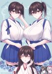  4girls akagi_(kancolle) alternate_breast_size_(larger) blue_background blue_flower blue_hakama blush breasts brown_eyes closed_eyes commentary_request dated flower hair_between_eyes hakama hakama_skirt highres huge_breasts japanese_clothes kabocha_torute kaga_(kancolle) kantai_collection kimono large_breasts multiple_girls multiple_views own_hands_together parted_lips romaji_text shoukaku_(kancolle) side_ponytail simple_background skirt sweat tasuki thighhighs twintails twitter_username white_kimono zuikaku_(kancolle) 