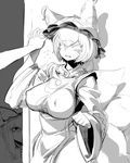  angry blush breasts closed_eyes commentary_request covered_nipples flying_sweatdrops fox_tail greyscale hat holding_hands large_breasts monochrome multiple_girls multiple_tails peeking_out short_hair sketch space_jin sweatdrop tail touhou wide_sleeves yakumo_ran yakumo_yukari 