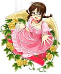  akizuki_ritsuko angel_wings bangle bracelet braid brown_eyes brown_hair cross crown feathered_wings flower frilled_skirt frills from_above idolmaster idolmaster_(classic) jewelry necklace open_mouth pendant puffy_short_sleeves puffy_sleeves rose short_sleeves skirt solo tsurui twin_braids wings 