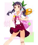  backpack bag bandaid bandaid_on_knee black_hair chihiru hachikuji_mayoi highres long_hair monogatari_(series) nisemonogatari panties red_eyes twintails underwear 