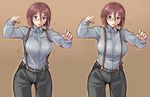 breasts brown_background brown_eyes brown_hair glasses inconvenient_breasts large_breasts looking_down older pants rozen_maiden short_hair solo souseiseki suspenders tsuda_nanafushi 