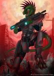  armor blood blue_eyes building city claws death gore lizard mutant nyori red_spikes scalie teeth tiamat weapon 