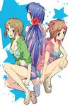  :d akizuki_ritsuko amami_haruka aqua_nails bikini blue_eyes blue_hair breasts brown_eyes brown_hair flower from_behind from_side full_body glasses green_eyes grin hair_flower hair_ornament hair_ribbon hibiscus highres idolmaster idolmaster_(classic) kisaragi_chihaya looking_at_viewer looking_back medium_breasts multiple_girls nail_polish open_mouth polka_dot polka_dot_footwear ponekusan ribbon sandals shirt shoes short_hair shorts sleeves_rolled_up smile star starry_background sunglasses swimsuit tied_shirt 