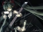  2012 bridal_gauntlets electric_guitar esp_guitars flower garter_straps green_hair guitar hair_flower hair_ornament hatsune_miku instrument long_hair sakanagi skirt solo thighhighs twintails very_long_hair vocaloid 