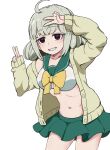  1girl ahoge araga_kiwi blonde_hair brown_cardigan cardigan collarbone crop_top double_bun double_v green_neckerchief green_sailor_collar green_skirt grin hair_bun highres hiiragi_utena's_school_uniform long_hair mahou_shoujo_ni_akogarete mole mole_under_eye navel neckerchief open_cardigan open_clothes pleated_skirt purple_eyes sailor_collar school_uniform shirt simple_background skirt sleeves_past_wrists smile suzunari_sakuya teeth v white_background white_shirt 