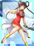  anklet bare_legs blue_background brown_hair china_dress chinese_clothes dress fujii_satoshi full_body green_eyes hair_rings jewelry left-handed long_hair long_legs mamono_hunter_youko mano_youko no_socks shoes side_slit smile solo sword twintails weapon yin_yang zoom_layer 