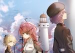  3girls ahoge asami_makiko_(heaven_burns_red) black_jacket blonde_hair eyepatch green_eyes hat heaven_burns_red highres jacket kr_woyue lighthouse long_hair military_hat military_rank_insignia military_uniform multiple_girls nanase_nanami_(heaven_burns_red) purple_hair red_hair shirt short_hair tezuka_saki white_shirt yellow_eyes 