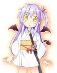  aoba_(kmnm3234) blush_stickers demon_tail demon_wings fang hair_ribbon head_tilt japanese_clothes kimono long_hair looking_at_viewer obi open_mouth pointy_ears purple_hair ribbon sash sengoku_collection side_ponytail solo sword tail tsukahara_bokuden_(sengoku_collection) weapon wings yellow_eyes 