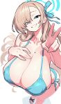  1girl asuna_(blue_archive) bare_shoulders bikini blonde_hair blue_archive blue_bikini blue_eyes blue_halo breasts cleavage collarbone grin groin hair_over_one_eye halo hand_on_own_chest highres huge_breasts long_hair looking_at_viewer mewmaster93 mole mole_on_breast sandals side-tie_bikini_bottom smile solo swimsuit thighs v very_long_hair 