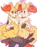  2026 ambiguous_gender anthro blush blush_lines braixen canid canine collar dipstick_tail duo eyelashes fake_eyes fluffy fluffy_tail fur generation_6_pokemon generation_7_pokemon grey_body grey_fur hi_res hug inner_ear_fluff looking_at_viewer mammal markings mimikyu multicolored_body navel nintendo open_mouth orange_body orange_eyes orange_fur pawpads paws pokemon pokemon_(species) se1t simple_background tail tail_markings tan_body tan_fur tuft yellow_body yellow_fur 