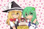  =_= ascot bad_id bad_pixiv_id blonde_hair blush bow brown_hair cake cherry detached_sleeves fangs food fruit green_hair grin hair_bow hair_ornament hair_ribbon hair_tubes hakurei_reimu hat heart himegi in_food kirisame_marisa kochiya_sanae long_hair minigirl multiple_girls one_eye_closed ribbon smile snake strawberry touhou translated yellow_eyes 