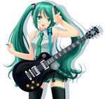  electric_guitar gibson green_eyes green_hair guitar hatsune_miku highres instrument long_hair looking_at_viewer necktie open_mouth plectrum simple_background skirt solo terun thighhighs twintails v very_long_hair vocaloid white_background 