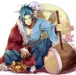  abs blue_eyes blue_hair cherry_blossoms cloud eyebrows fur_trim geta grin hammer hat hat_removed headwear_removed highres indian_style janis_(hainegom) japanese_clothes kimono king_dedede kirby_(series) looking_at_viewer male_focus manly moon obi personification robe sash sitting smile socks solo star tabi tassel thick_eyebrows white_background 