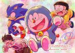  bell brown_hair commentary_request crossover doraemon doraemon_(character) furry furry_male glasses green_eyes male_focus multiple_boys neck_bell nobi_nobita open_mouth pungter round_eyewear shirt signature smile sonic_(series) sonic_and_the_blade_of_courage sonic_the_hedgehog star_(symbol) whiskers white_shirt yellow_shirt yuuta_(sonic) 