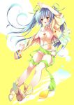  aqua_hair bad_id bad_pixiv_id c.c._lemon c.c._lemon_(character) choker food fruit hair_ornament hair_ribbon highres jewelry lemon long_hair midriff navel nogi_takayoshi pendant ribbon sandals shorts solo tattoo twintails yellow_background yellow_eyes 