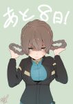  1girl absurdres adjusting_hair amane_suzuha black_jacket blush braid braided_hair_rings breasts brown_hair center_opening closed_mouth commentary_request countdown futatugikota green_background hair_between_eyes hair_rings hands_up highres jacket large_breasts long_sleeves looking_at_viewer science_adventure shaded_face sidelocks signature simple_background small_sweatdrop solo standing steins;gate straight-on upper_body v-shaped_eyebrows yellow_eyes zipper 