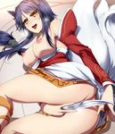  animal_ears blue_hair blush breasts detached_sleeves erect_nipples heart large_breasts league_of_legends long_hair multiple_tails nipples open_mouth sweat tail tongue tongue_out umakatsuhai yellow_eyes 