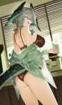  1girl absurdres arknights black_bra black_panties bra breasts cheong_seol coffee_maker coffee_mug commentary cup green_eyes green_shirt grey_hair hair_wings highres ho'olheyak_(arknights) holding holding_cup indoors large_breasts looking_at_viewer mug panties shirt short_hair snake_tail solo tail thighs tongue tongue_out underwear 
