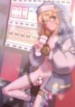  1boy ankle_boots artificial_vagina belt black_boots black_gloves blonde_hair blue_hoodie boots bridget_(guilty_gear) chastity_cage closed_mouth commission condom condom_packet_strip condom_wrapper condom_wrapper_in_clothes cowboy_shot cross cross_print dutch_angle feminization fingerless_gloves fishnet_thighhighs fishnets gloves greek_cross guilty_gear guilty_gear_strive hair_between_eyes highres holding holding_sex_toy hood hood_up hoodie lips long_sleeves looking_at_viewer makeup male_focus mars_symbol navel night nipples not-my-business nub_chastity_cage nude open_clothes open_hoodie outdoors puffy_sleeves runny_makeup sex_toy short_hair small_chastity_cage solo standing standing_on_one_leg steaming_body sweat testicles thigh_belt thigh_strap thighhighs trap variant_set vending_machine 