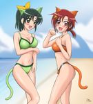  animal_ears beach bikini blush breasts cat_ears cleavage day fang green_eyes green_hair highres hino_akane_(smile_precure!) large_breasts midorikawa_nao multiple_girls navel open_mouth ouse_riruka ponytail precure red_eyes red_hair short_hair smile_precure! swimsuit tail 