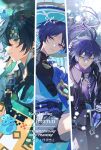  3boys :t ajaw_(genshin_impact) antenna_hair aqua_gem belt black_belt black_bodysuit black_bow black_coat black_gloves black_hair black_jacket black_shorts black_sleeves blue_hat blue_jingasa blue_kimono blue_petals blunt_ends bodysuit bow cape closed_mouth coat collared_coat colored_eyelashes colored_inner_hair column_lineup commentary_request covered_collarbone eyeliner falling_petals flins_(genshin_impact) food fruit gem genshin_impact gloves gold green_eyes green_gloves green_hair green_headband grey_pants hair_intakes hat headband holding holding_food holding_fruit holding_lantern jacket japanese_clothes jingasa juban kimono kinich_(genshin_impact) lantern long_hair looking_at_viewer looking_to_the_side makeup male_focus mandarin_collar multicolored_hair multiple_boys open_clothes open_coat open_kimono outdoors pants parted_lips petals pom_pom_(clothes) purple_cape purple_eyes purple_hair purple_sash purple_shirt red_eyeliner sash scaramouche_(genshin_impact) shirt short_sleeves shorts shoulder_peek side_cape signature spiked_ear_piercing syerii tassel thigh_strap tsurime twitter_username undershirt vision_(genshin_impact) wanderer_(genshin_impact) watermark white_kimono white_mouth wing_collar yellow_eyes zipper zipper_pull_tab 