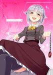  black_legwear blush brown_eyes chain collar copyright_name crossed_legs hair_ornament hairclip idolmaster idolmaster_cinderella_girls koshimizu_sachiko open_mouth short_hair sitting skirt smile solo sugar_(sugarless) thighhighs 