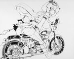  adapted_costume ass bare_shoulders bent_over bishamonten's_pagoda blush boots breast_rest breasts detached_sleeves goggles goggles_on_head greyscale ground_vehicle knee_boots large_breasts looking_back monochrome motor_vehicle motorcycle okiraku_nikku panties revealing_clothes shawl shikishi solo toramaru_shou touhou traditional_media underwear 