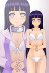  bangs bare_shoulders bikini black_hair blunt_bangs blush breasts cleavage forehead_protector front-tie_top gradient gradient_background groin hands_clasped highres hime_cut hyuuga_hinata kenken long_hair looking_at_viewer medium_breasts naruto naruto_(series) navel own_hands_together purple_eyes purple_hair smile solo standing swimsuit white_bikini zoom_layer 